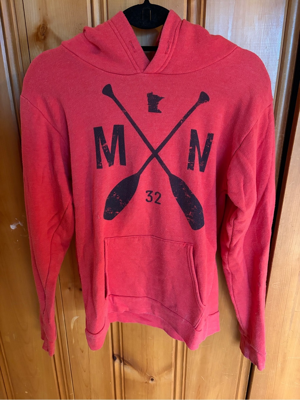 Red Hooded Graphic Pullover Sweatshirt with Oars Motif